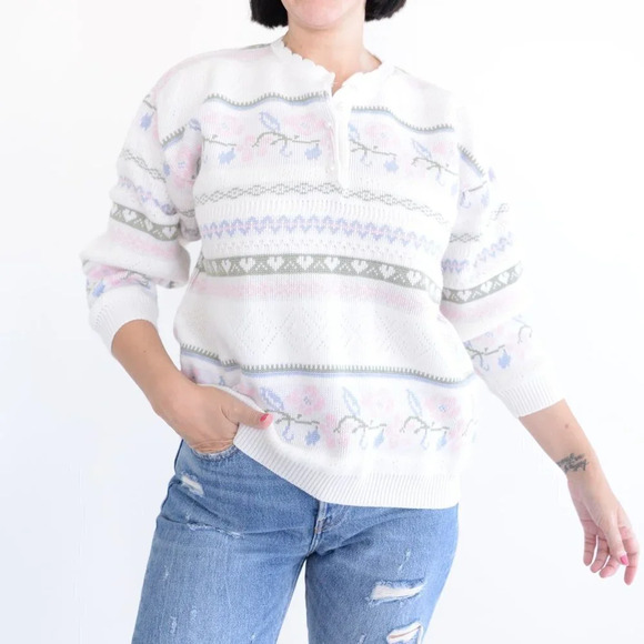 Vintage Grace Cream with Pink  Floral Half Button Down Sweater - Picture 3 of 13